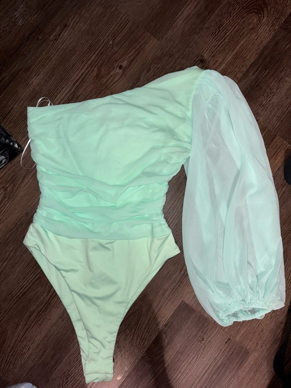 Hello Molly Mint One-Shoulder Bodysuit with Sheer Sleeve